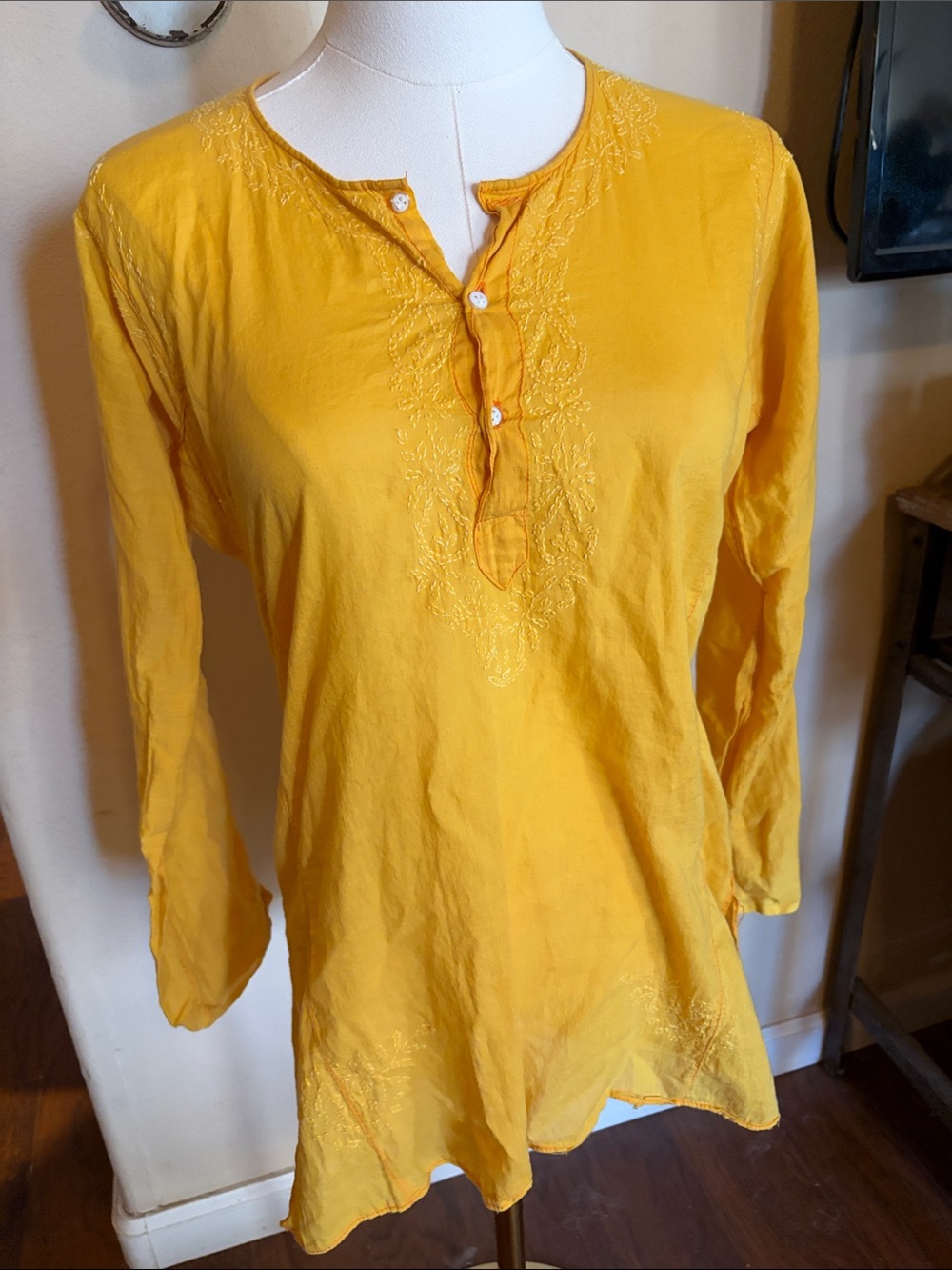 Phelgeye New York 100% Cotton Embroidered Yellow Tunic Top Boho India
